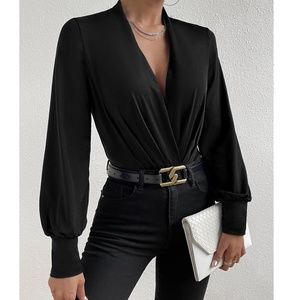 Luxe Black Plunging Neck Long Sleeve Bodysuit